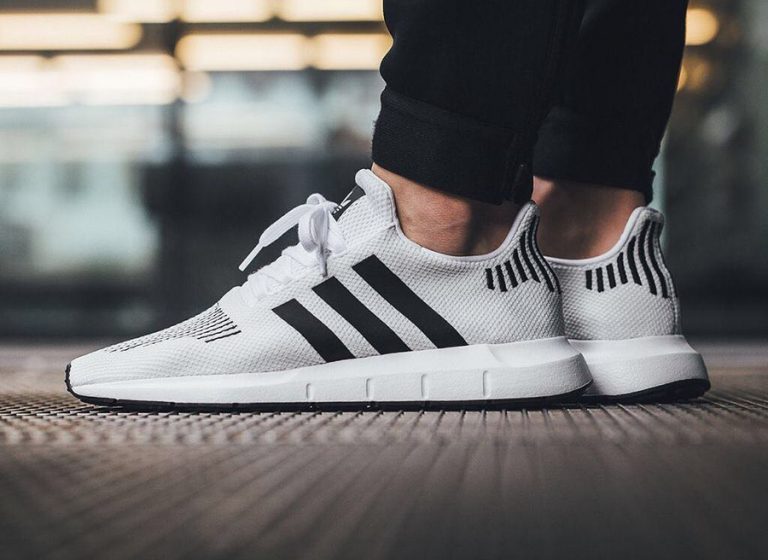 adidas swift run black with white stripes