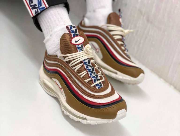 Nike Air Max 97 PRM Taped Pull Tab Brown Marron on feet