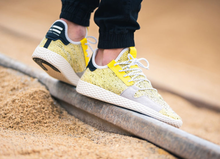 Pharrell Williams x Adidas Afro Tennis HU Yellow Black on feet