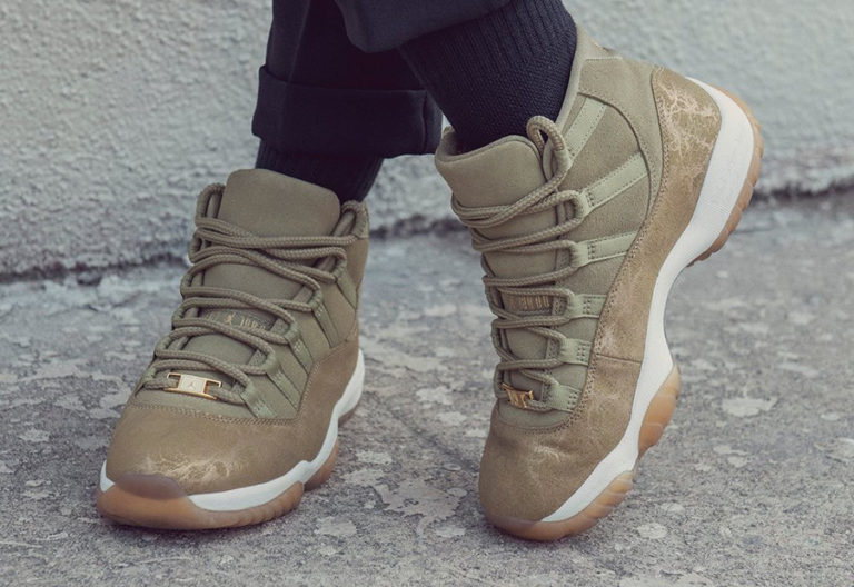 Air Jordan XI luxe en daim vert olive on feet (couv)