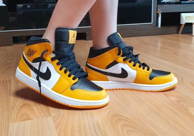 Air Jordan 1 Mid mi-montante blanche jaune et noire on feet