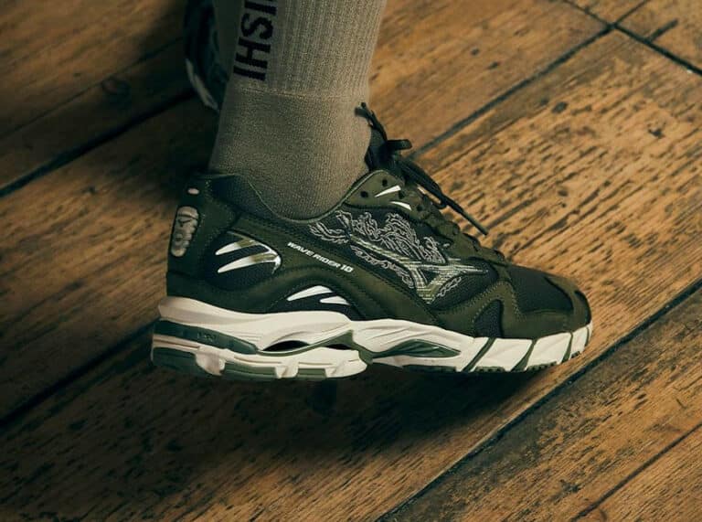 Maharishi x Mizuno Wave Rider 10 on feet