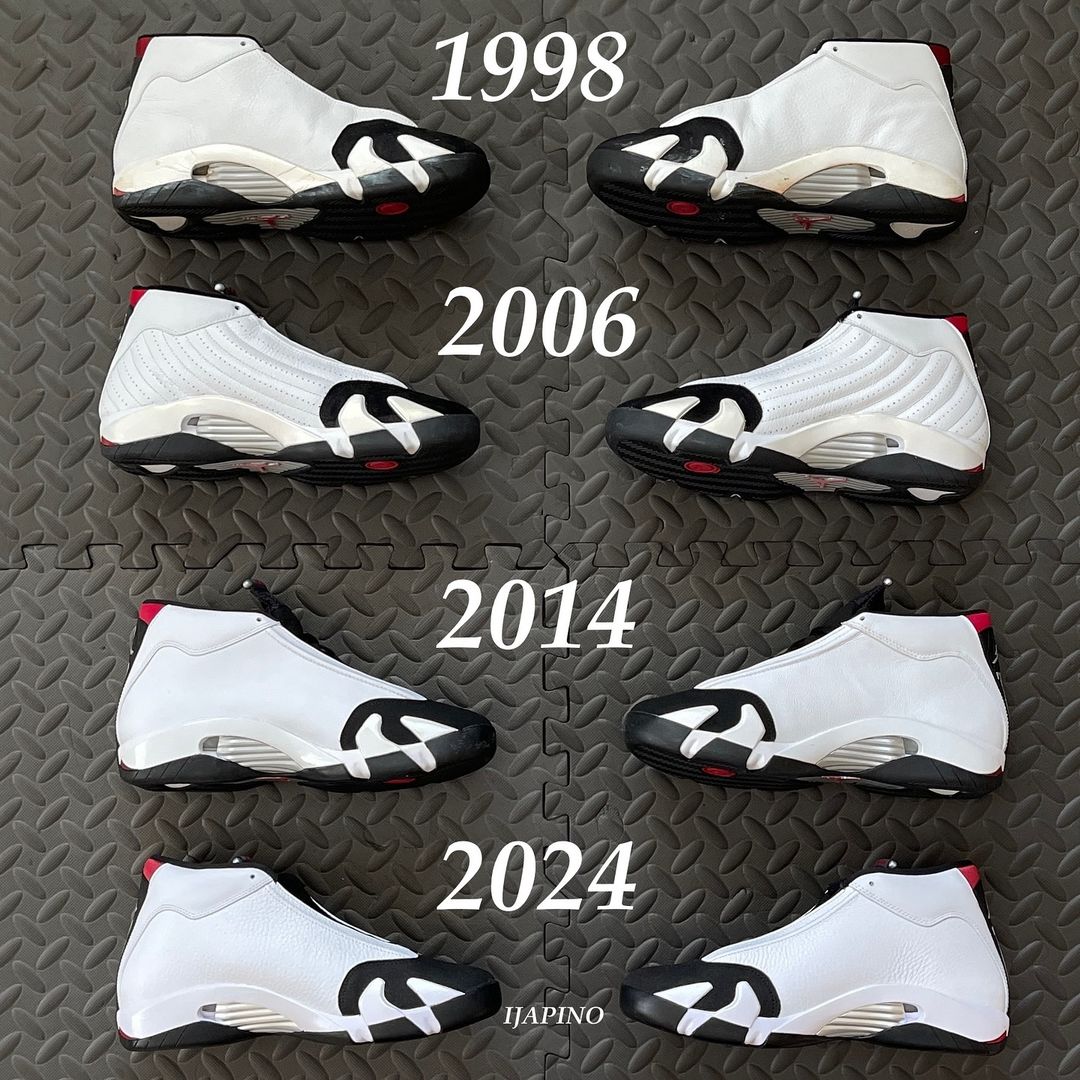 Comparatif entre les Jordan 14 Black Toe de 1998 à 2024